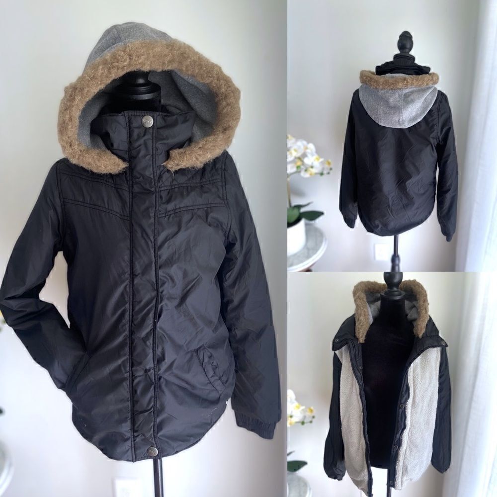 Roxy Hooded Jacket Faux Fur Sherpa Full Zip Black Size M